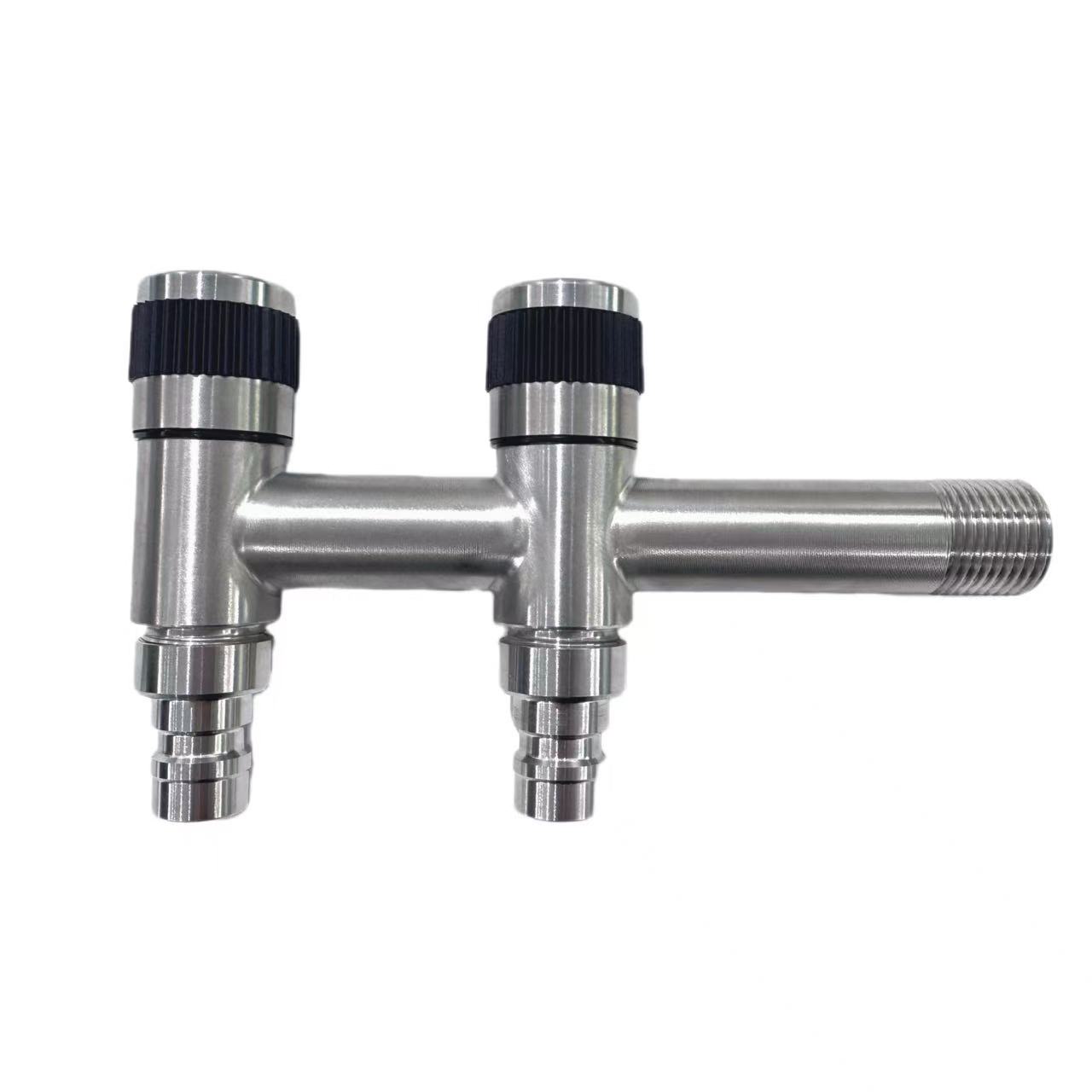 Keran mesin cuci dua kali stainless steel sareng hiji inlet sareng dua outlet